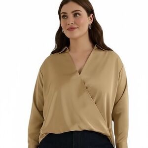 Lauren Ralph Lauren satin charmeuse surplice long sleeve blouse birch tan 2x